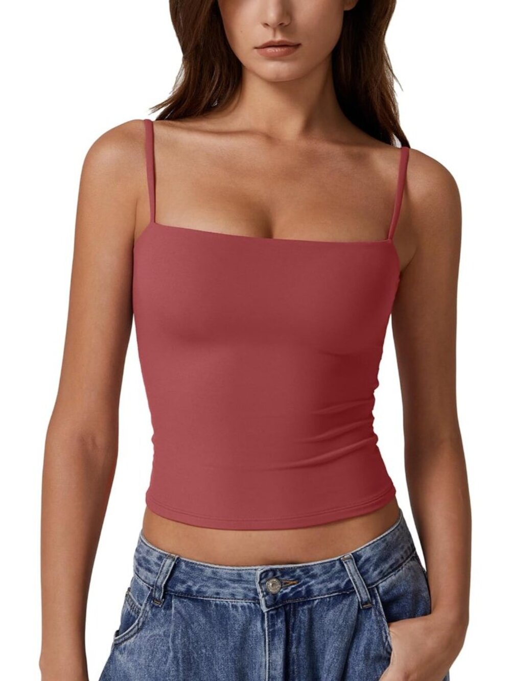 Women's Merlot Sleeveless Tank Top Square Neck Double Lined Stretch Fit